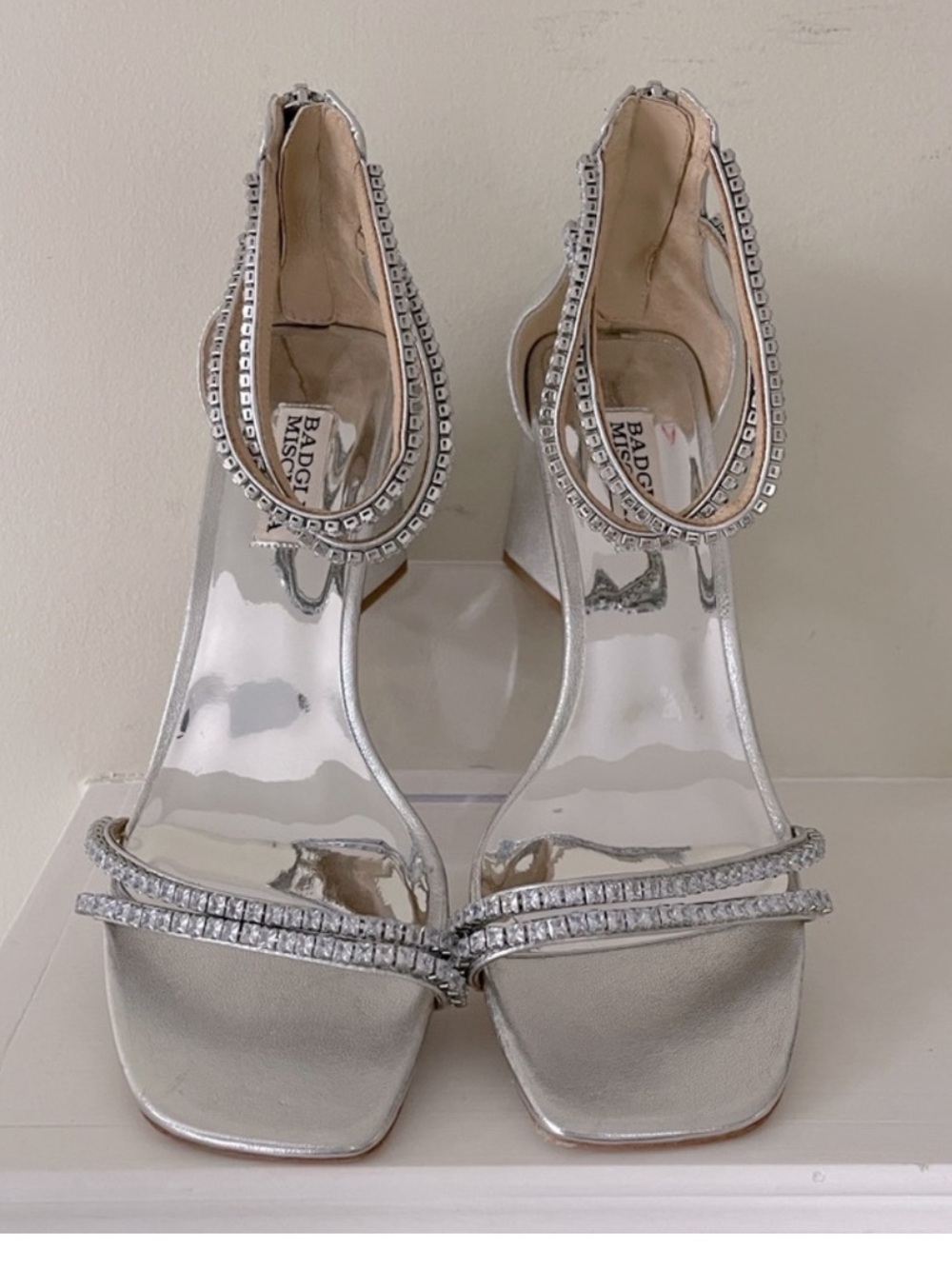 Badgley Mischka Lillie Embellished Open Toe Silver Crystal Ankle Strap Heels NWT